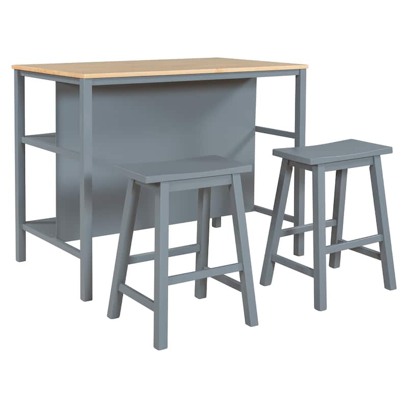 3piece Solid Wood Rustic Stationary Kitchen Island Set with 2 Seatings